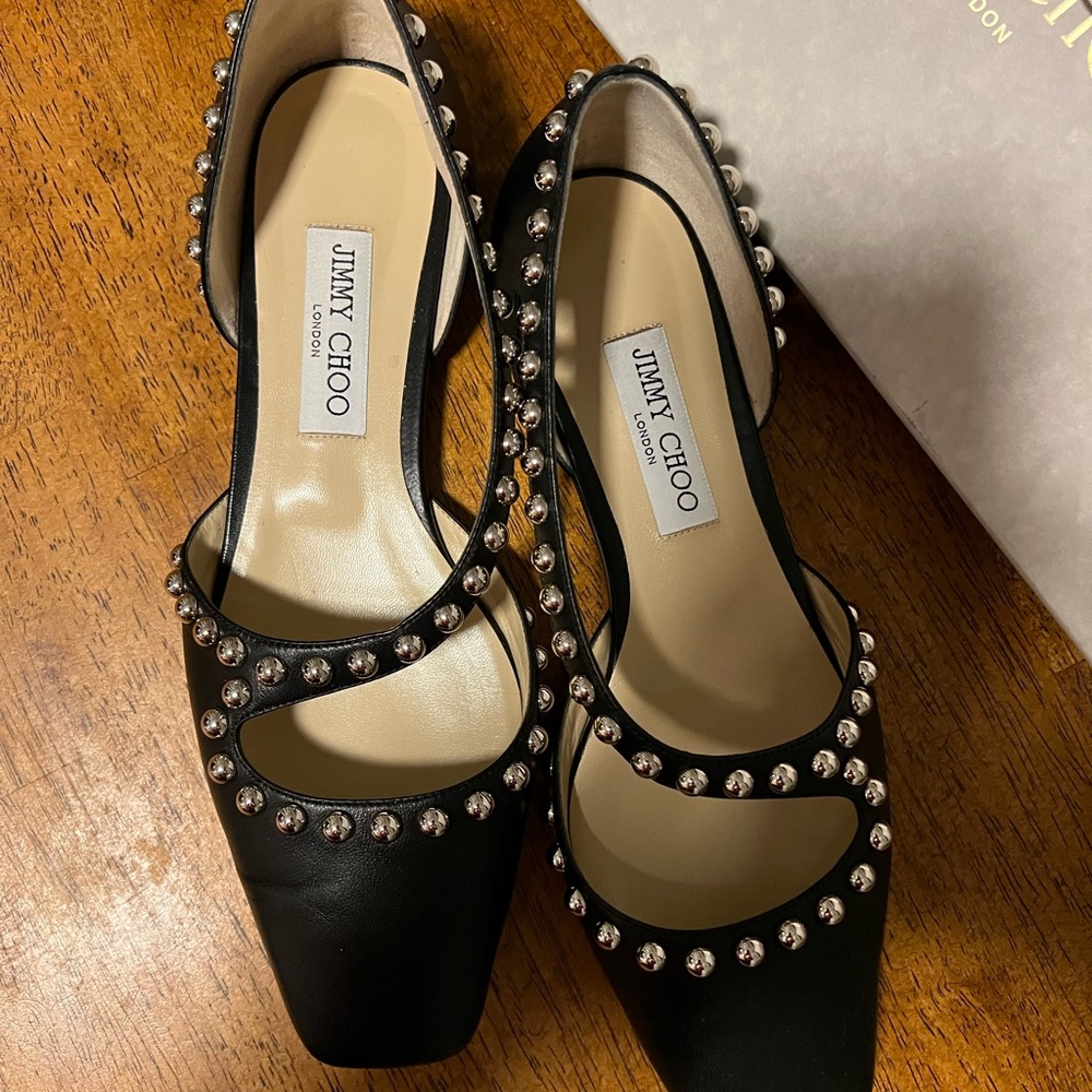 Silver Studded Jimmy Choo Joezie Flat Mules 
100% Nappa leather Size 39